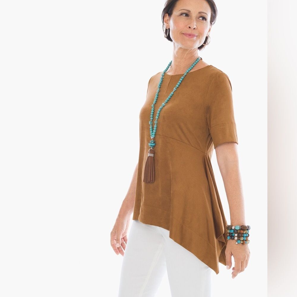 Chicos Brown Faux Suede Asymmetrical Hem Short Sleeve Blouse 0